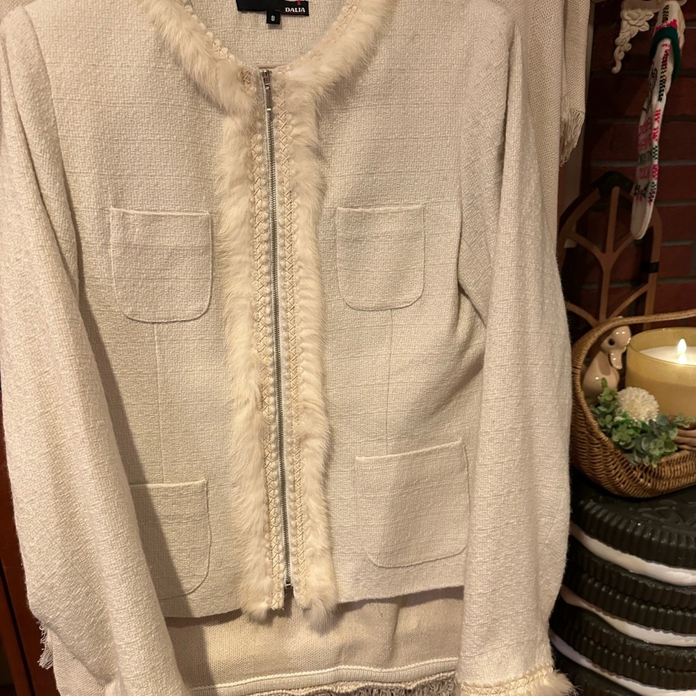 Cream Tweed Jacket w/ rabbit fur trim